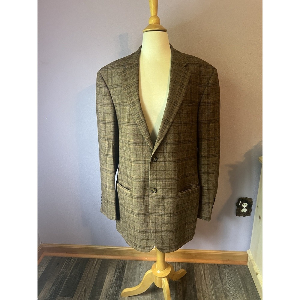 Nautica Brown Plaid Dress Coat Suit Jacket Blazer Imported Fabric 34 34R Vintage